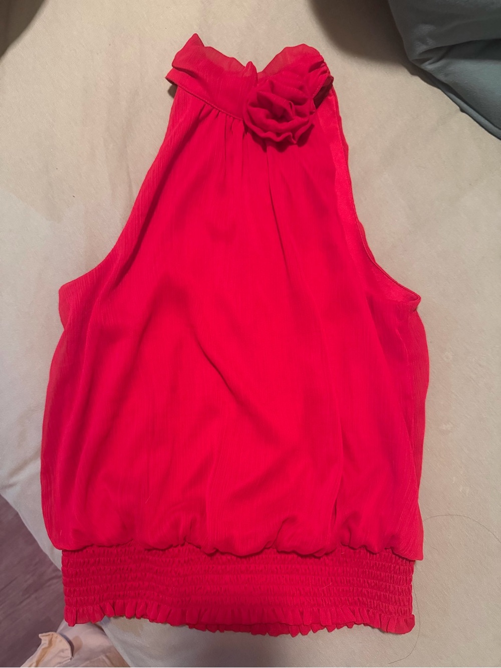 Michael Kors Bright Red Halter Camisole with Rosette Neck